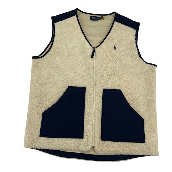 Polo Ralph Lauren Performance Mens XL Sherpa Fleece Vest Cream Navy Blue